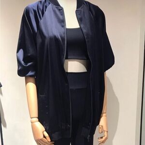 ROYL Navy Blue Silk Double Zipper Bomber Jacket
